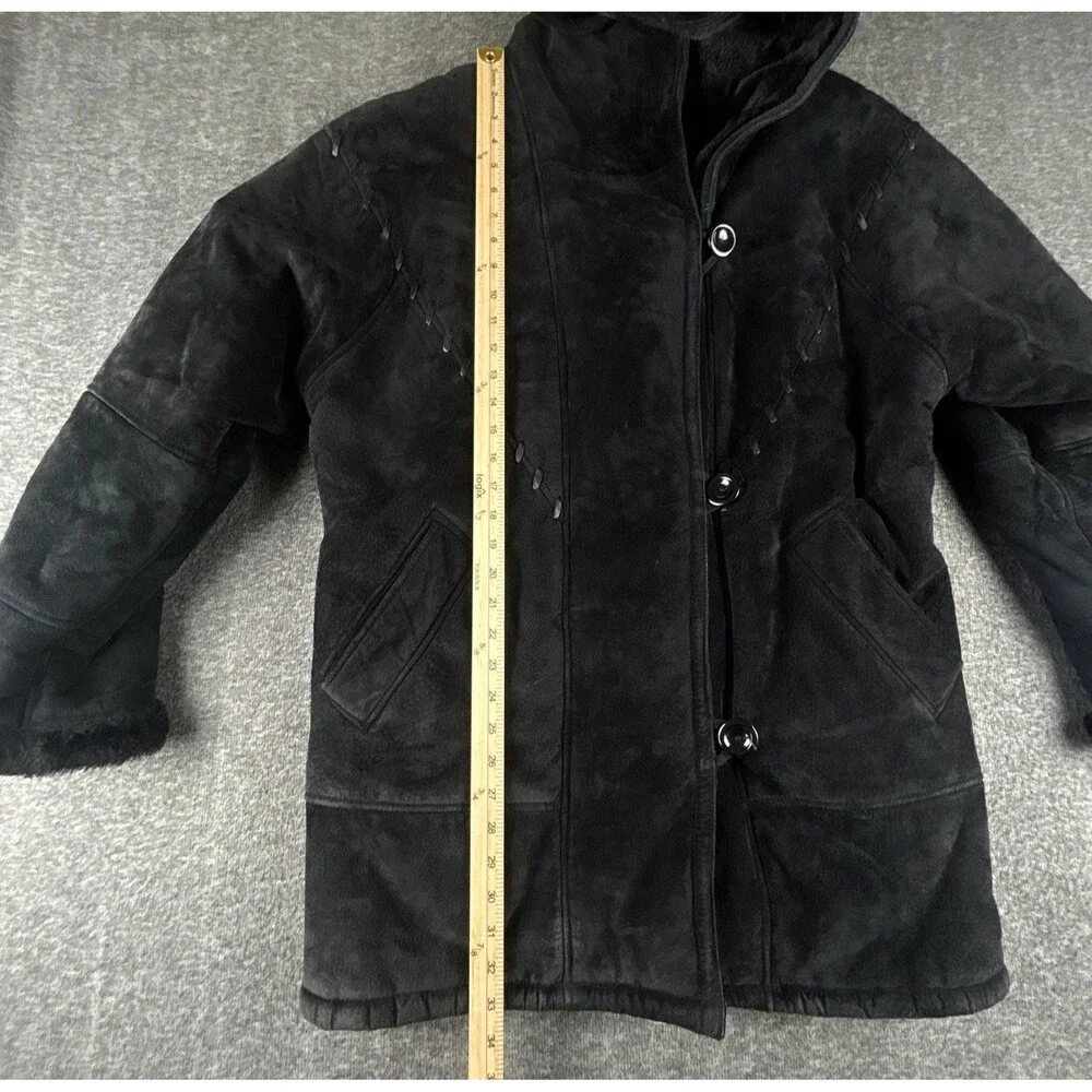 Gallery Genuine Suede Leather Coat Womens Sz M Black Faux Fur Lining & Trim Warm - Picture 11 of 12